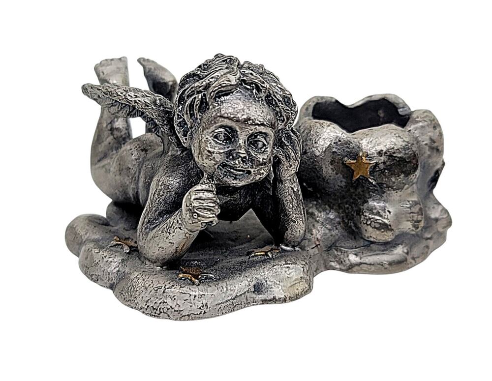 Vintage Pewter Small Cherub Angel Figurine Candle Holder Gold Tone Stars CL49